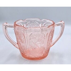 Vintage Jeanette Depression Glass Cherry Blossom Pink Open Sugar Bowl 1930s